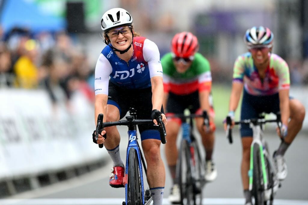 WELSHPOOL WALES JUNE 09 Grace Brown of Australia and Team FDJ Nouvelle Aquitaine Futuroscope celebrates winning ahead of Katarzyna Niewiadoma of Poland and Team CanyonSram Racing and Elisa Longo Borghini of Italy and Team Trek Segafredo during the 8th The Womens Tour 2022 Stage 4 a 1447km from Wrexham to Welshpool WomensTour UCIWWT on June 09 2022 in Welshpool Wales Photo by Justin SetterfieldGetty Images