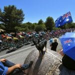 WILLUNGA HILL, AUSTRALIA - JANUARY 20: Landscape / Peloton / Fans / Public / Dog / Australian Flag / during the 21st Santos Tour Down Under 2019, Stage 6 a 151,5km stage from McLaren Vale to Willunga Hill 374m / TDU / on January 20, 2019 in Willunga Hill, Australia. (Photo by Tim de Waele/Getty Images)