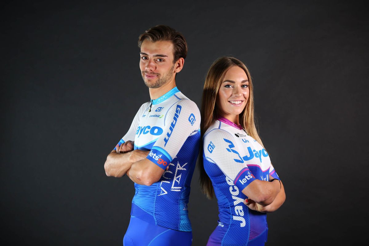 Matteo Sobrero and Letizia Paternoster show off the 2023 Jayco AlUla racing kit
