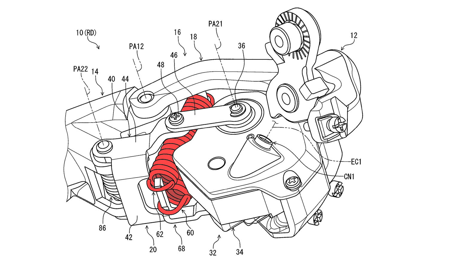 Concetto di prototipo di deragliatore a cambio elettronico galleggiante resistente agli urti con brevetto Shimano Di2,