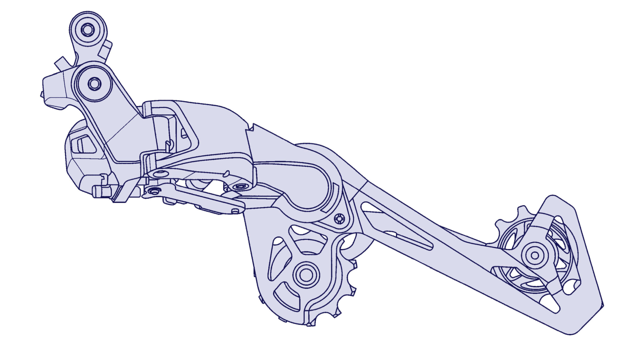 Concetto di prototipo di deragliatore a cambio elettronico galleggiante resistente agli urti con brevetto Shimano Di2, meccanismo posteriore esteso