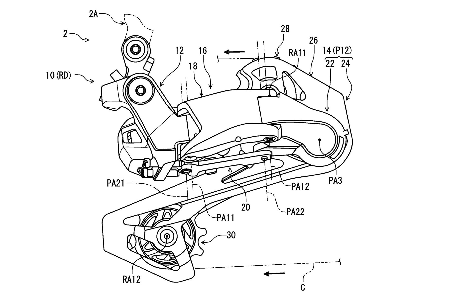 Concetto di prototipo di deragliatore a cambio elettronico galleggiante resistente agli urti con brevetto Shimano Di2