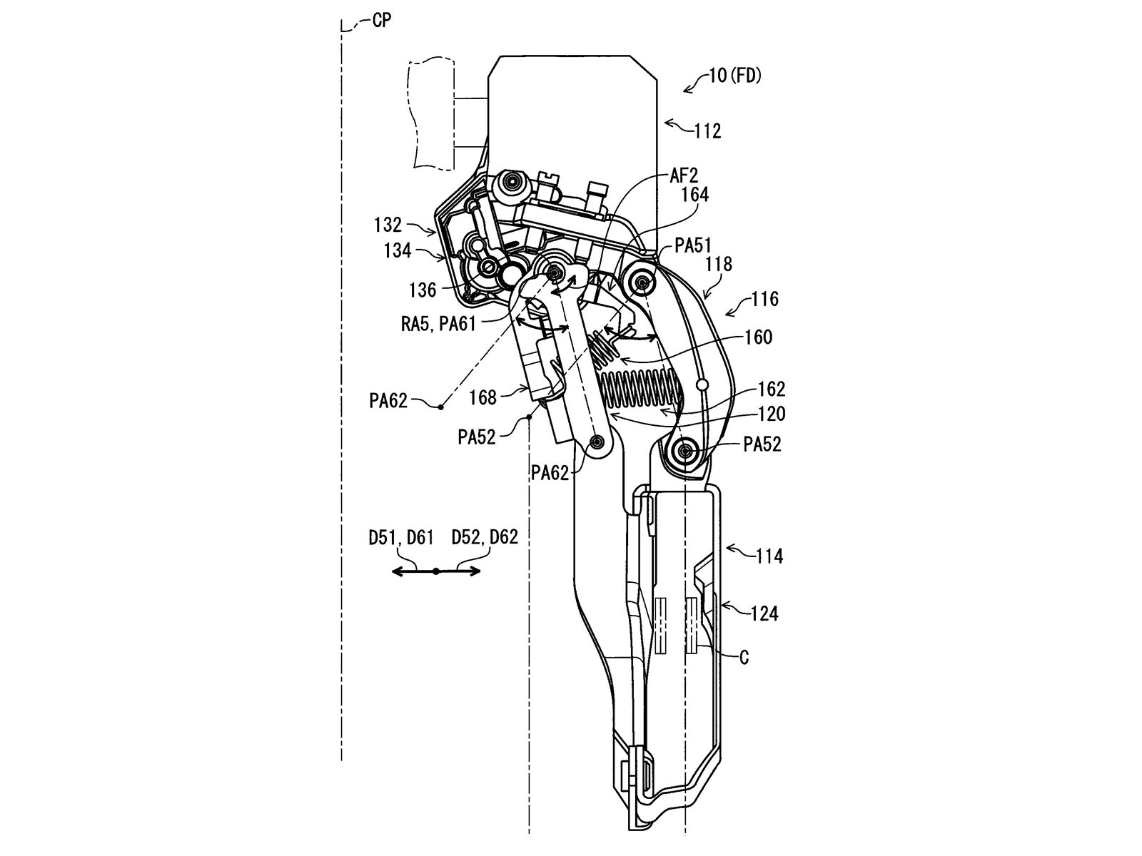 Concetto di prototipo di deragliatore a cambio elettronico galleggiante resistente agli urti con brevetto Shimano Di2, deragliatore anteriore