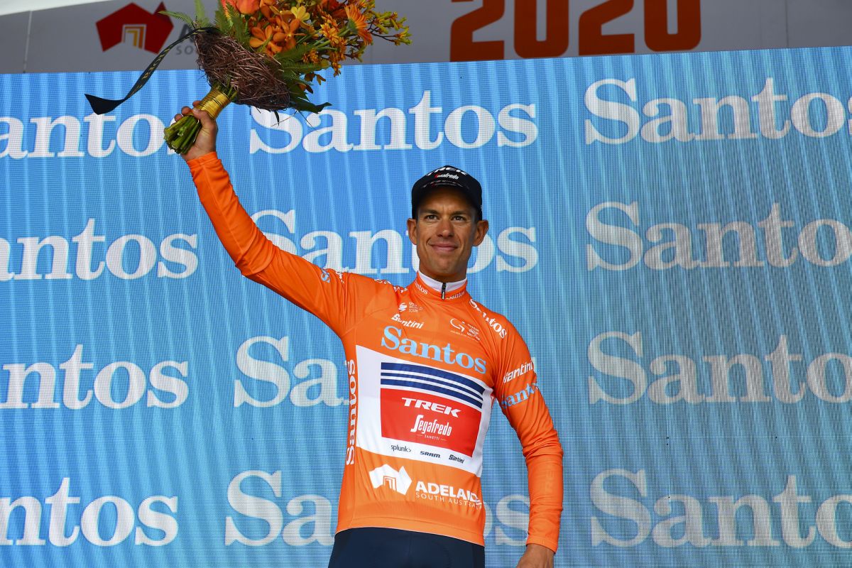 Richie Porte in the ochre jersey at the 2020 Tour Down Under