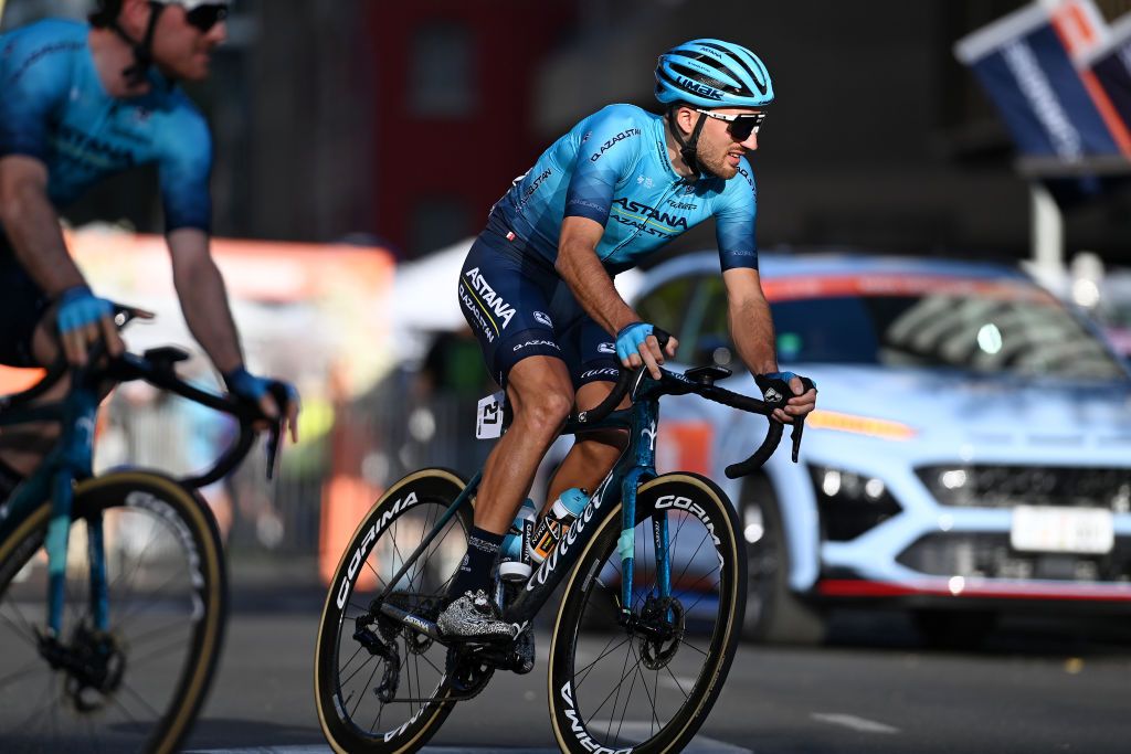ADELAIDE AUSTRALIA JANUARY 14 Gianni Moscon of Italy and Astana Qazaqstan Team competes during the 23rd Santos Tour Down Under 2023 Schwalbe Classic Mens Elite TourDownUnder on January 14 2023 in Adelaide Australia Photo by Tim de WaeleGetty Images