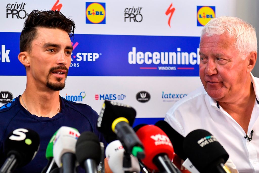 Frances Julian Alaphilippe L and Belgian General manager of team Etixx QuickStep Patrick Lefevere R speak during a press conference in Nimes during a rest day as part of the 106th edition of the Tour de France cycling race on July 22 2019 Photo by GERARD JULIEN AFP Photo credit should read GERARD JULIENAFP via Getty Images
