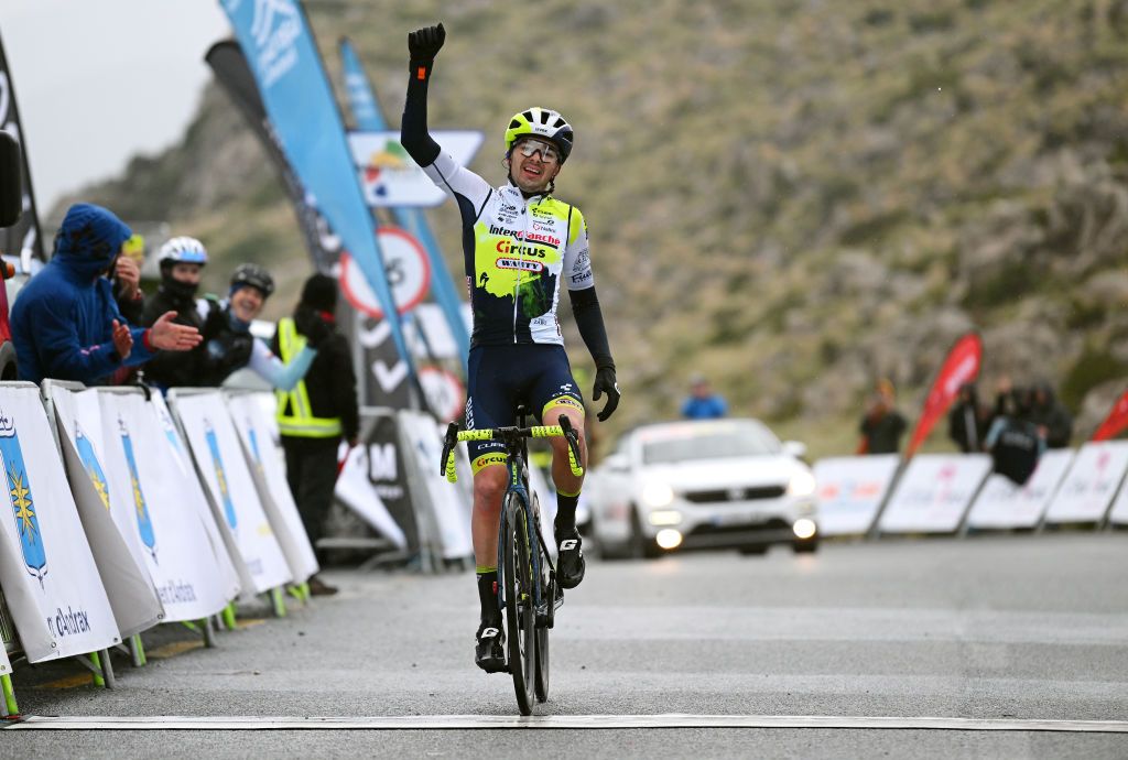 POLLENSA SPAIN JANUARY 27 Kobe Goossens of Belgium and Team IntermarcheCircus celebrates at finish line as race winner during the 32nd Challenge Ciclista Mallorca 2023 Trofeo Andratx Mirador des Colomer a 1609km one day race from Andratx to Mirador des Colomer Pollensa 203m ChallengeMallorca on January 27 2023 in Pollensa Spain Photo by Dario BelingheriGetty Images
