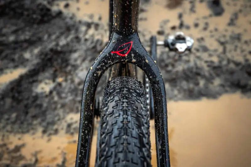 Dettagli del primo piano della bici gravel Lauf Seigla del gioco del pneumatico posteriore sui foderi verticali