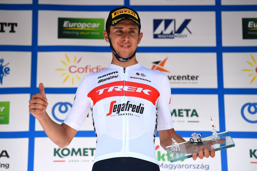 Antonio Tiberi on the podium of the Tour of Hungary 2022 after winning stage 5