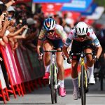 PILAR DE LA HORADADA, SPAIN - MAY 02: (L-R) ChloÃ© Dygert of The United States and Team Canyon//SRAM Racing, Marianne Vos of The Netherlands and Team Jumbo-Visma - Polka dot Mountain Jersey and Charlotte Kool of The Netherlands and Team DSM sprint at finish line during the 9th La Vuelta Femenina 2023, Stage 2 a 105.8km stage from Orihuela to Pilar de la Horadada / #UCIWWT / on May 02, 2023 in Pilar de la Horadada, Spain. (Photo by Dario Belingheri/Getty Images)