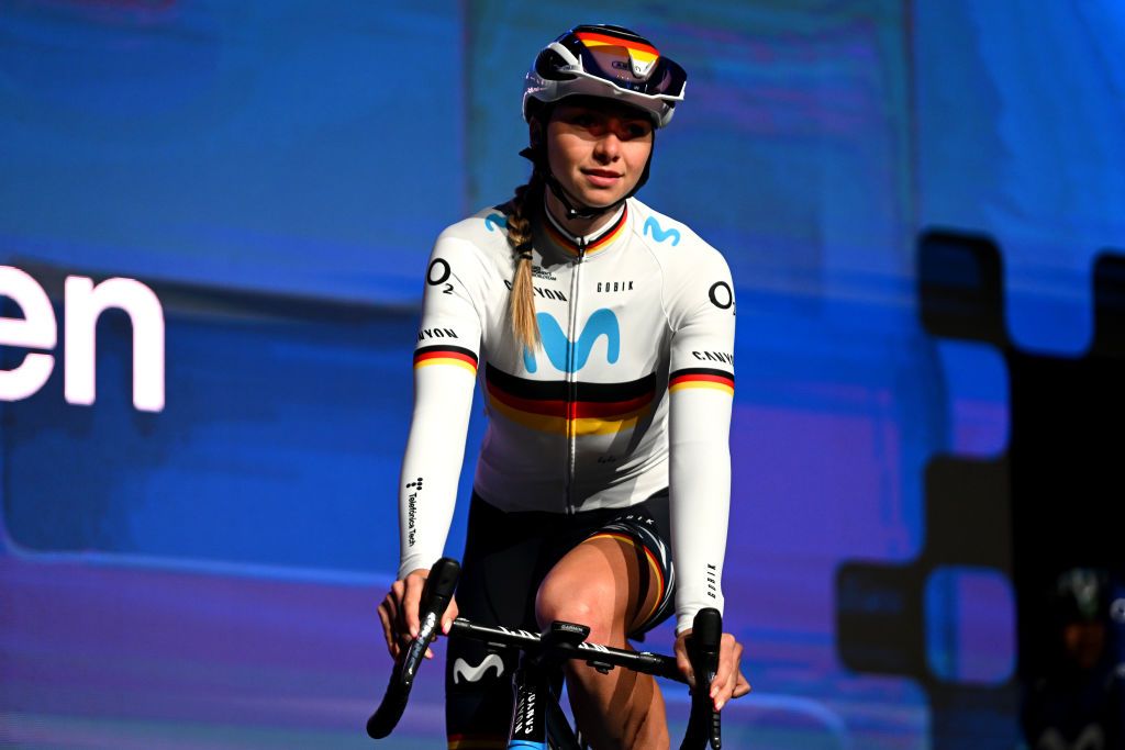 GHENT BELGIUM FEBRUARY 25 Liane Lippert of Germany and Movistar Team prior to the 18th Omloop Het Nieuwsblad Elite 2023 Womens Elite a 1322km one day race from Ghent to Ninove OHN23 on February 25 2023 in Ghent Belgium Photo by David StockmanGetty Images