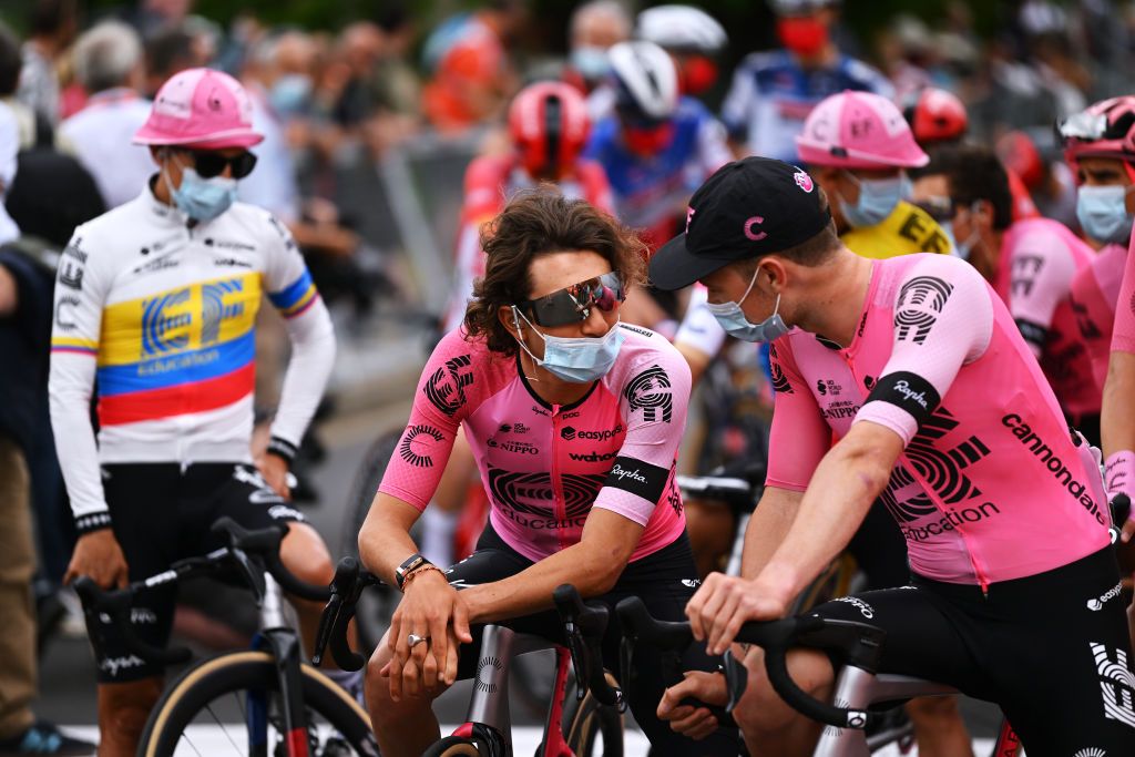 EF Education-EasyPost riders wear face masks before stage 1 of the Critérium du Dauphiné