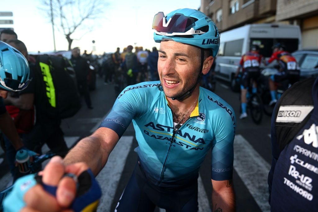SAGUNTO SPAIN FEBRUARY 03 Simone Velasco of Italy and Astana Qazaqstan Team celebrates at finish line as stage winner during the 74th Volta a la Comunitat Valenciana 2023 Stage 3 a 1451km stage from Btera to Sagunto VCV2023 VoltaValenciana on February 03 2023 in Sagunto Spain Photo by Dario BelingheriGetty Images