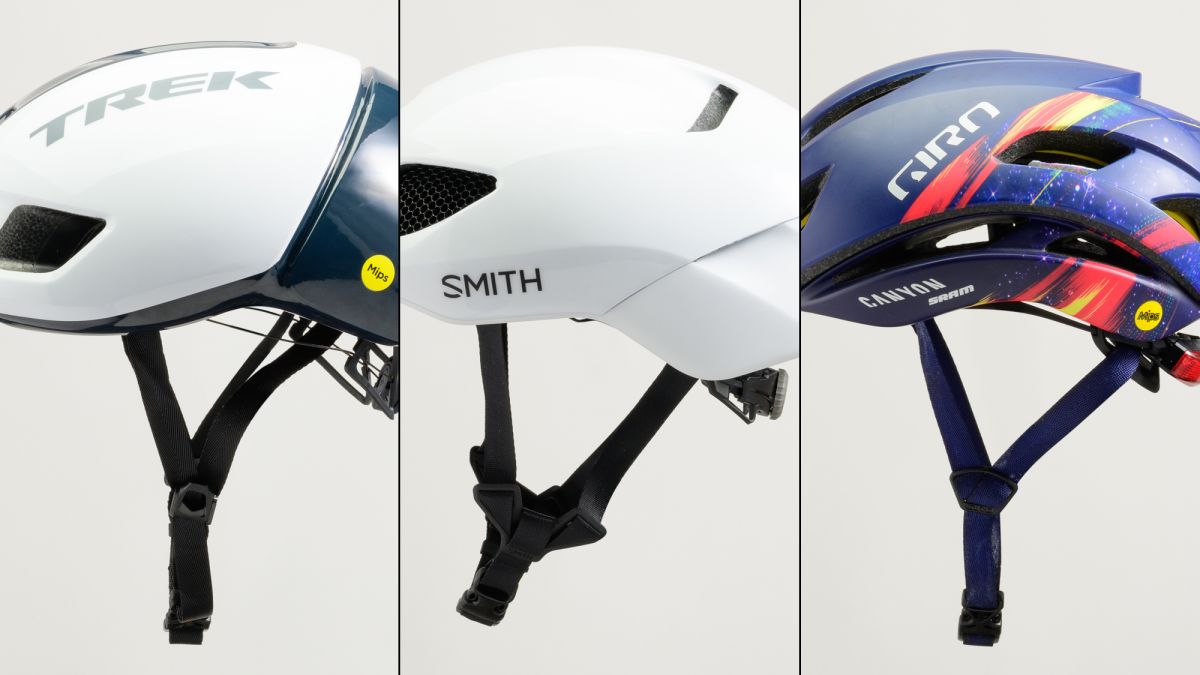three aero bike helmets on a white background