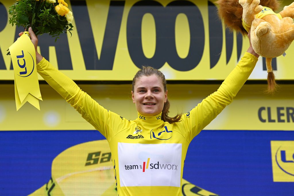 Lotte Kopecky (SD Worx) claimed the first yellow leader’s jersey after her solo victory on stage 1 of the Tour de France Femmes
