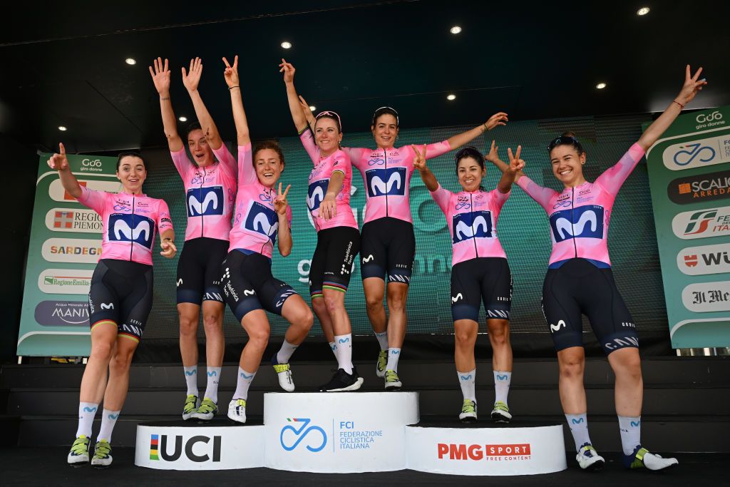 Annemiek Van Vleuten and Movistar celebrate winning the 2023 Giro Donne