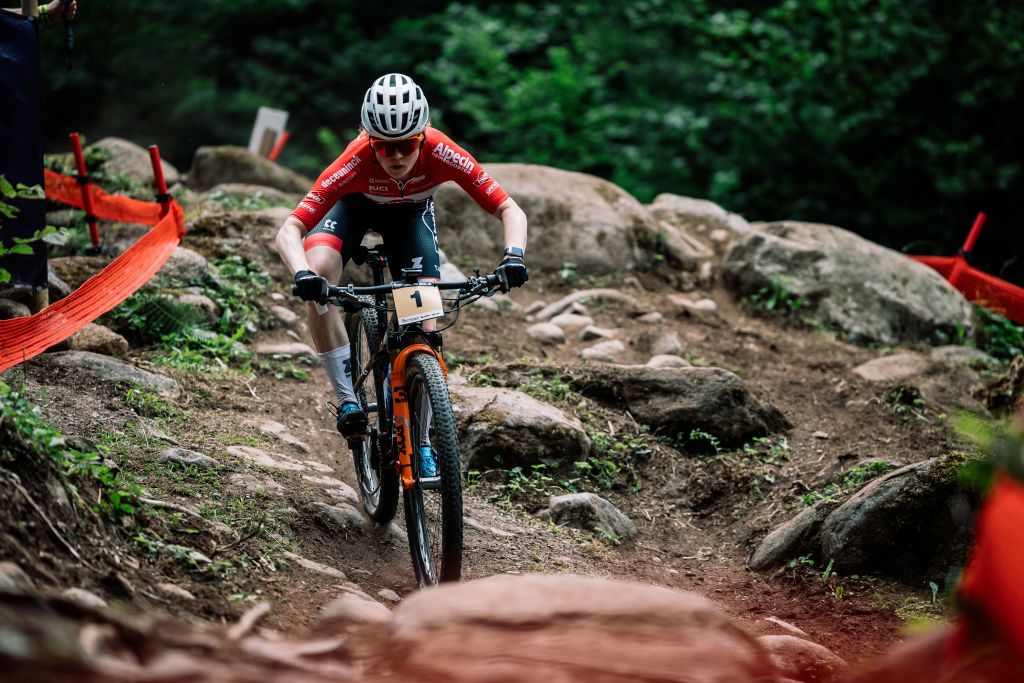 Puck Pieterse on her way to victory at the UCI Mountain Bike World Cup in Val di Sole in 2023