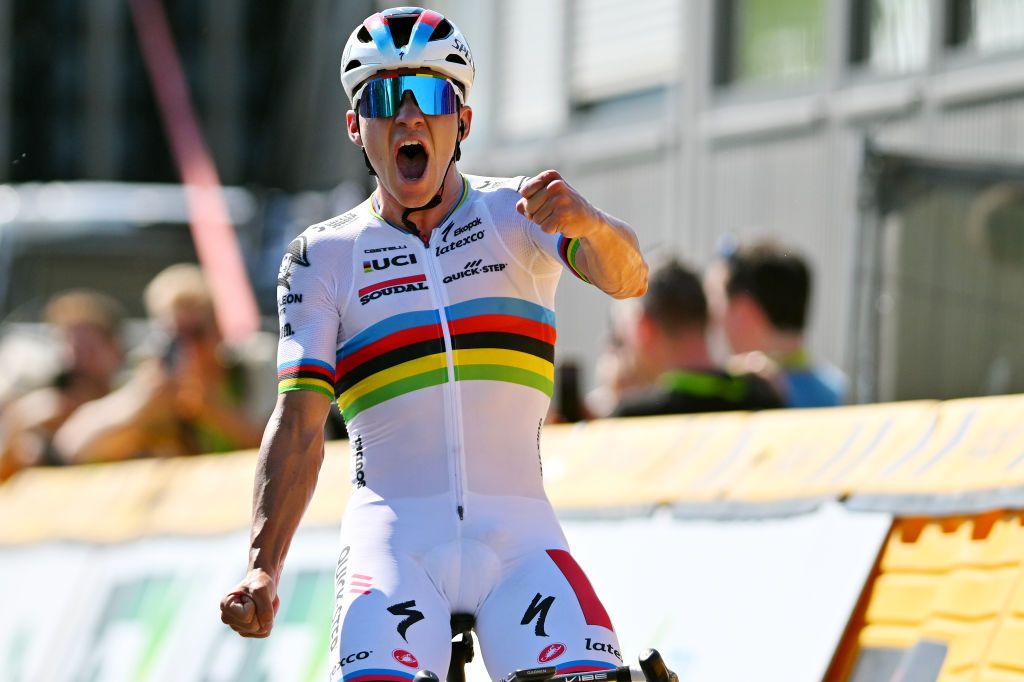 IZEGEM BELGIUM JUNE 25 Remco Evenepoel of Belgium and Team Soudal QuickStep celebrates at finish line as race winner during the 104th National Championships Belgium 2023 Mens Road Race a 2328km stage on June 25 2023 in Izegem Belgium Photo by Luc ClaessenGetty Images